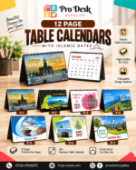 2027 12 Page Table Calendar with Islamic Dates | 1 Month Per Page | Art Card Desk Calendar with Sturdy Stand
