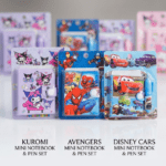 Kids Cute Mini Notebook and Matching Pen Gift Set – Cartoon Character Pocket Diary Journal with Secure Button Closure (Kuromi, Avengers, Disney Cars)