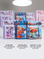 Kids Cute Mini Notebook and Matching Pen Gift Set – Cartoon Character Pocket Diary Journal with Secure Button Closure (Kuromi, Avengers, Disney Cars)