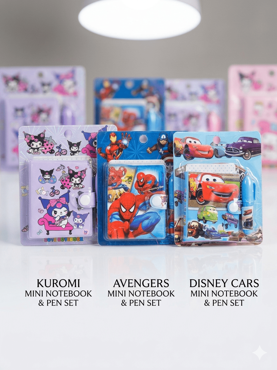 img_2728 Kids Cute Mini Notebook and Matching Pen Gift Set – Cartoon Character Pocket Diary Journal with Secure Button Closure (Kuromi, Avengers, Disney Cars) - Image 1
