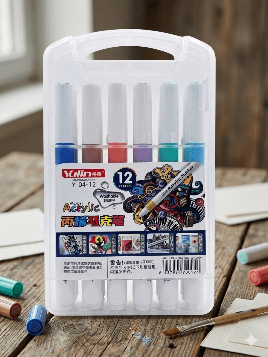img_2733 Yulin 12 Colors Acrylic Paint Markers Set with Storage Case – Washable Multi-Surface DIY Craft Pens for Rock Painting, Glass, Ceramic, Wood & Canvas (Model Y-04-12) - Image 1