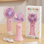 Cute Cat Ear USB Rechargeable Mini Handheld Fan – Portable 3 Speed Personal Cooling Fan with Desktop Stand | Quiet Summer Fan for Kids, Office, Travel & Home