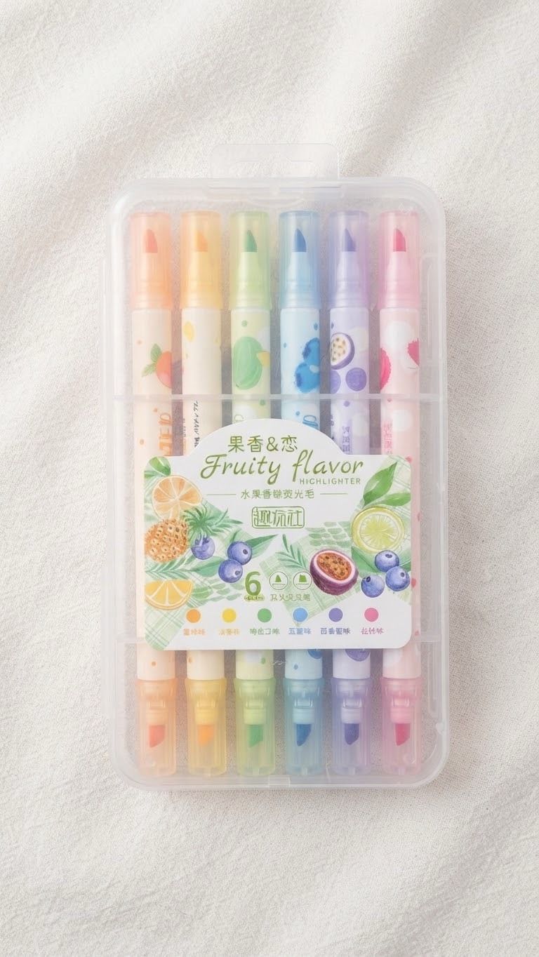 img_3564-2 Fruity Flavor Double-Ended Highlighter Set - 6 Pastel Aesthetic Aesthetic Highlighters with Storage Case, Cute Stationery for School, Journaling & Office - Image 1